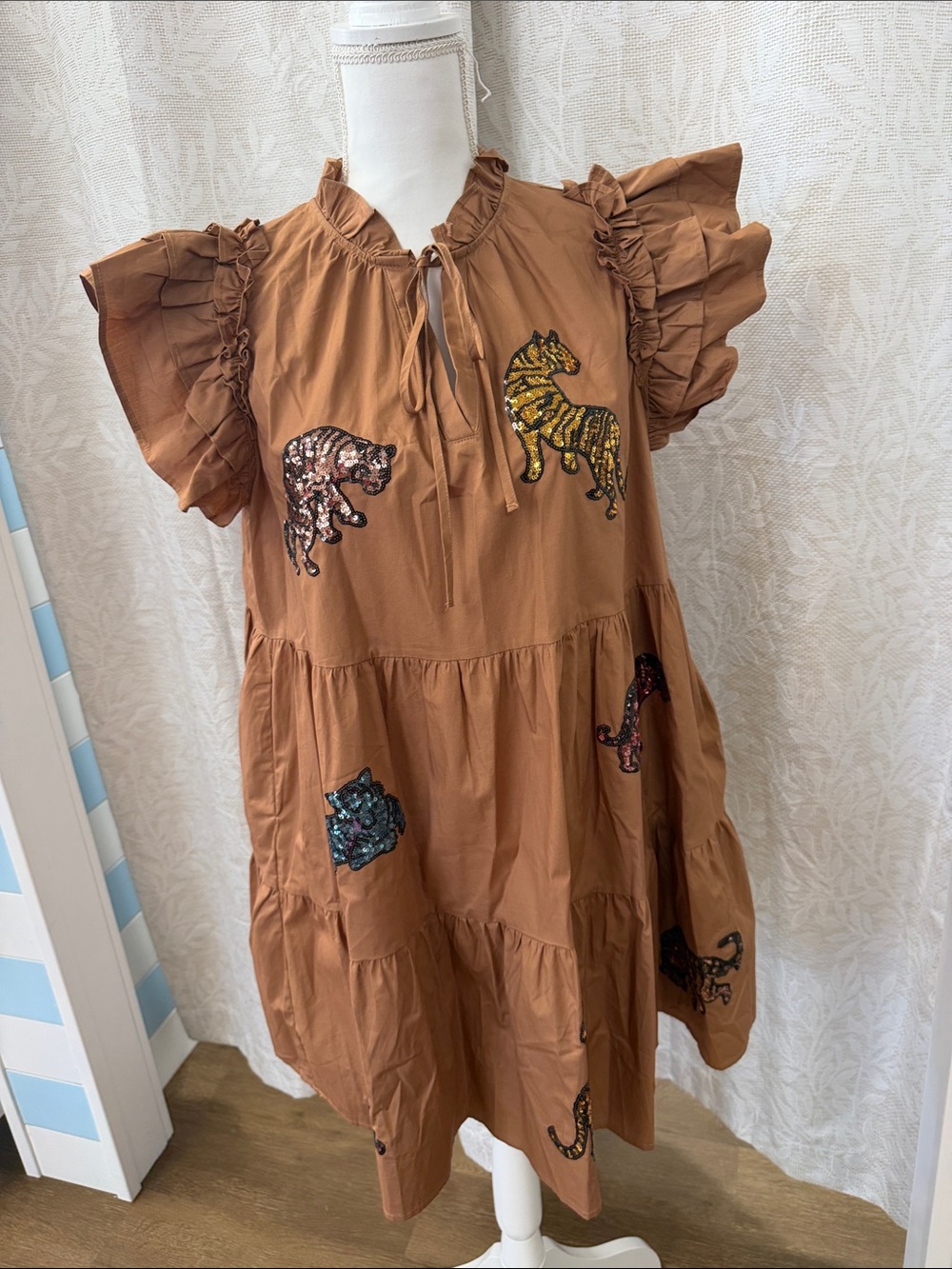Peach Love California Brown Tiered Ruffle Sleeve Sequin Animal Dress